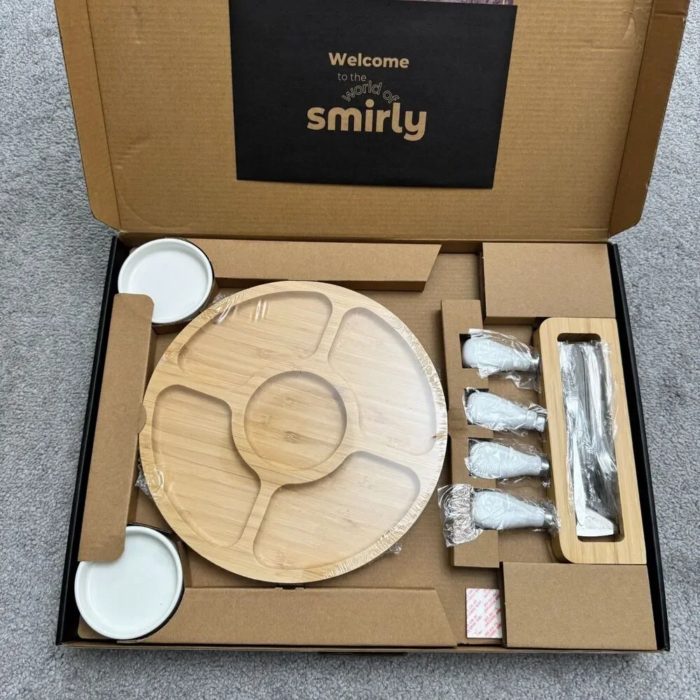 Smirly Bamboo Cheese Board Knife Set Charcuterie Platter Serving Tray Large NWB